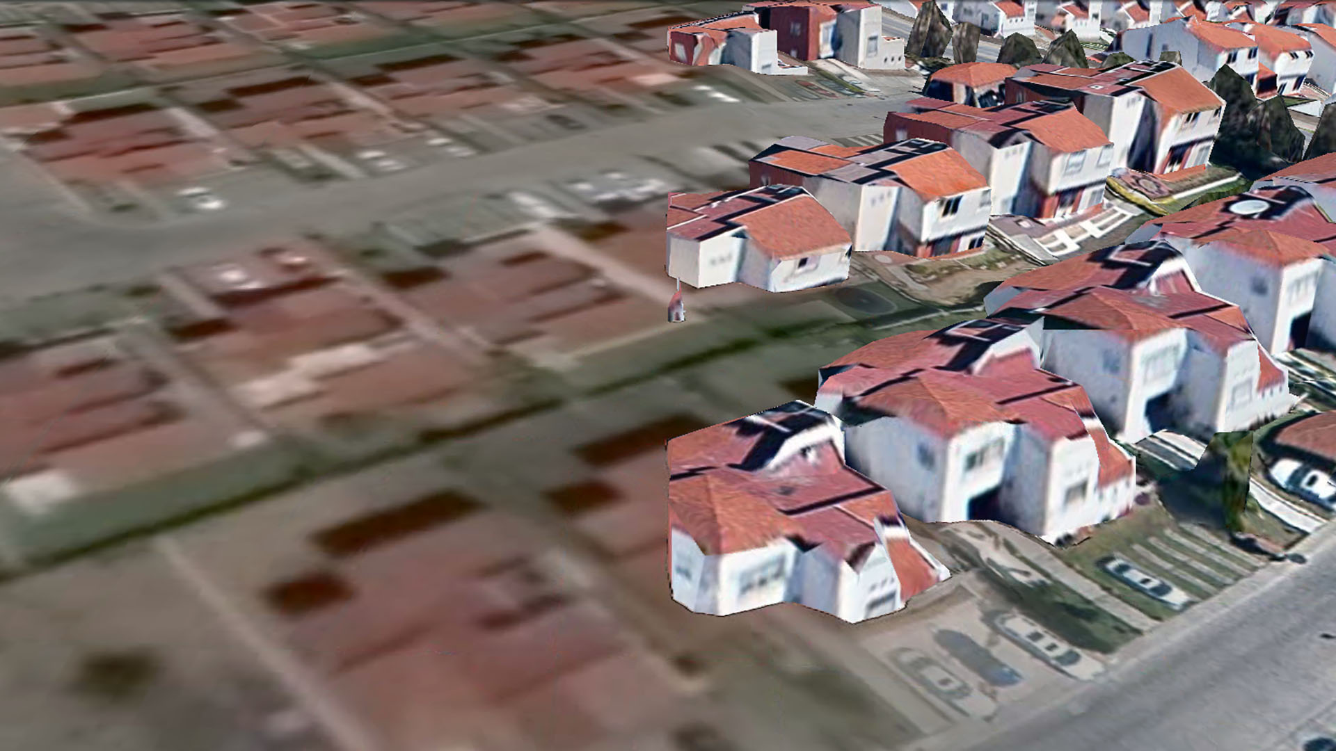 Real Esmeralda, a housing development in Andalucía, on the northwest frontier of the digital model of Mexico City, as rendered in Google Earth 7.1.2.2041.