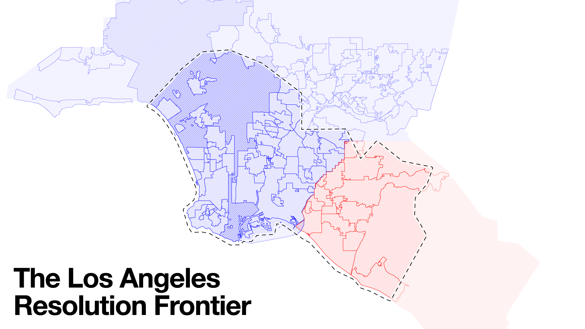 Google Earth’s indifference to existing political and judicial boundaries. The photogrammetric model of Los Angeles (dashed line) straddles Los Angeles County (in blue) and Orange County (in red), and its edge slices through no fewer than 11 Los Angeles neighborhoods and 27 cities in Southern California.