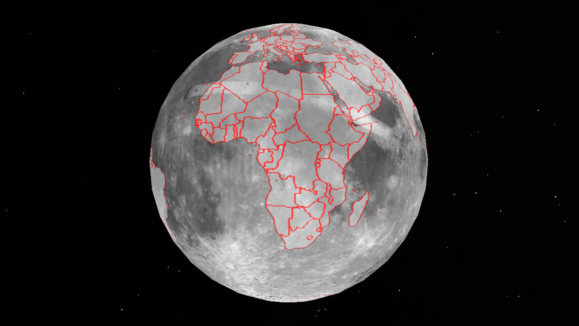 The continent of Africa projected onto the Moon in Google Earth 7.1.2.2041. The Apollo 11 landing site is visible in the north of the Democratic Republic of Congo, roughly image center.