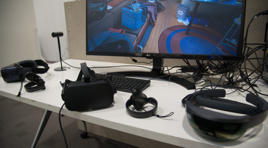 The Immersive Media testing station allows students to experiment with the Microsoft Hololens, HTC Vive VR, the Oculus Rift VR, Samsung Gear VR, Intel’s RealSense, and 360 degree cameras.