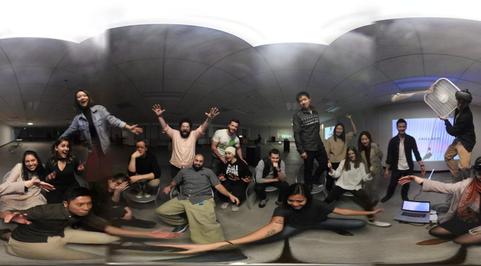 Joshua Walton (center-left) poses for a 360°group photo with the Concept Lab VR/AR Everyday Immersions students and faculty.