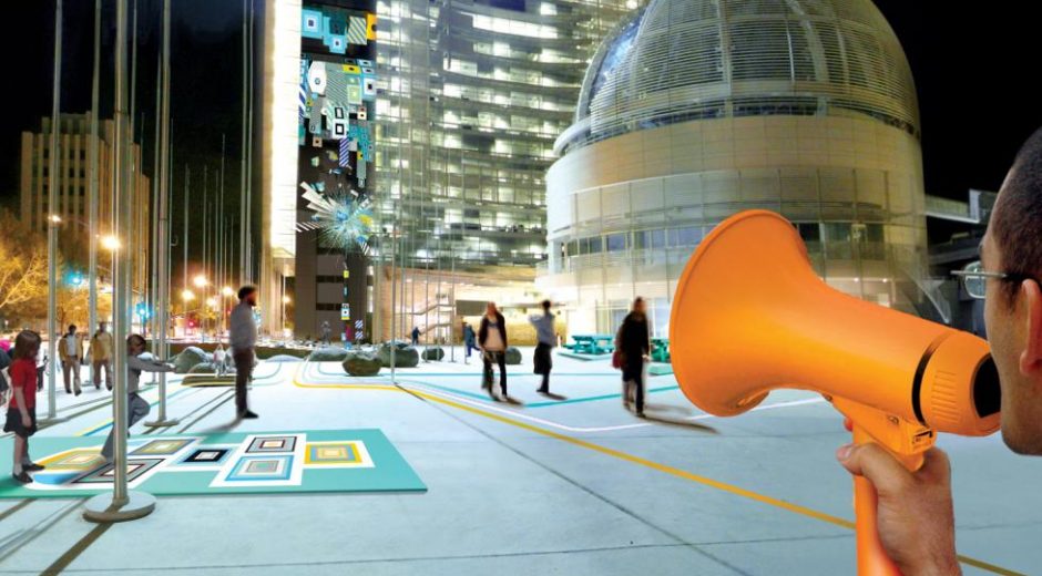 As part of the LAB at the Rockwell Group, Joshua collaborated with his team to create Plug-In-Play, an interactive urban-scale projection installed at San Jose City Hall. The installation invited people to interact physically and virtually with the city. (Credit: LAB at Rockwell Group)