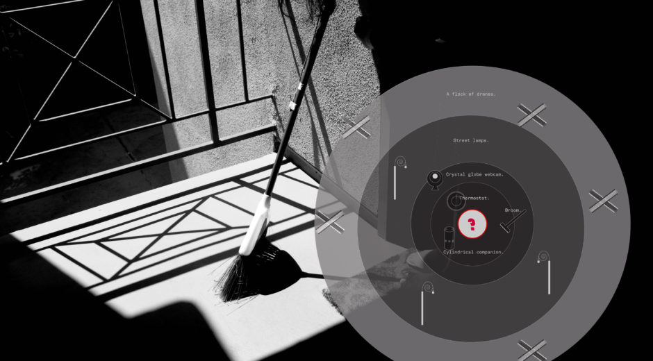 Using images to create an AI noir aesthetic, such as showing a broom apprehended in situ, including a diagram of the network of AI agents. From Networked Colluding by Stephanie Cedeño and Nicci Yin.